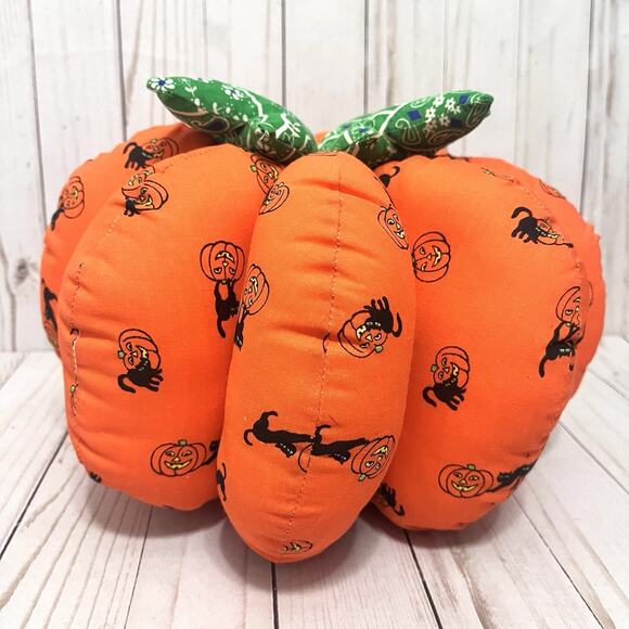 Vintage Cottagecore Handmade Halloween Fabric Large Pumpkin Plush Farmhouse - Picture 2 of 8